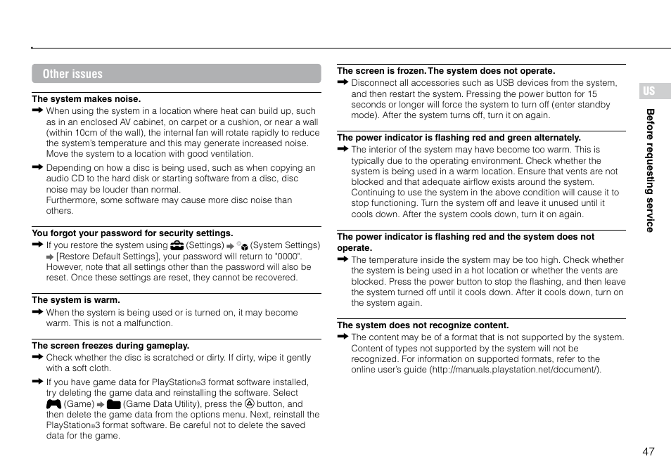 Us other issues | Sony 120-250GB Playstation 3 CECH-2101A User Manual | Page 47 / 120