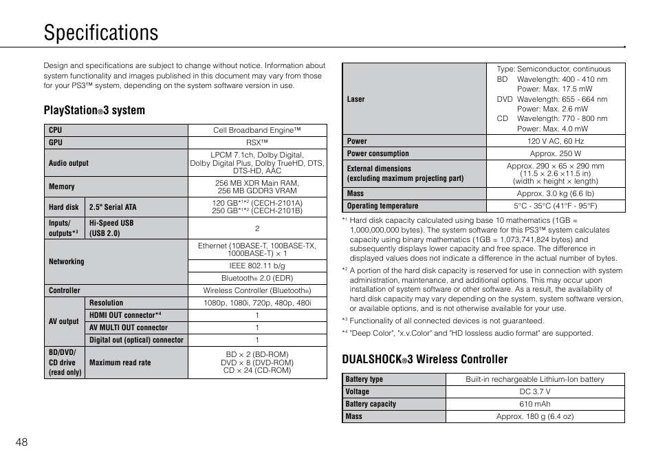 Specifications, Playstation, 3 system | Dualshock, 3 wireless controller | Sony 120-250GB Playstation 3 CECH-2101A User Manual | Page 48 / 120