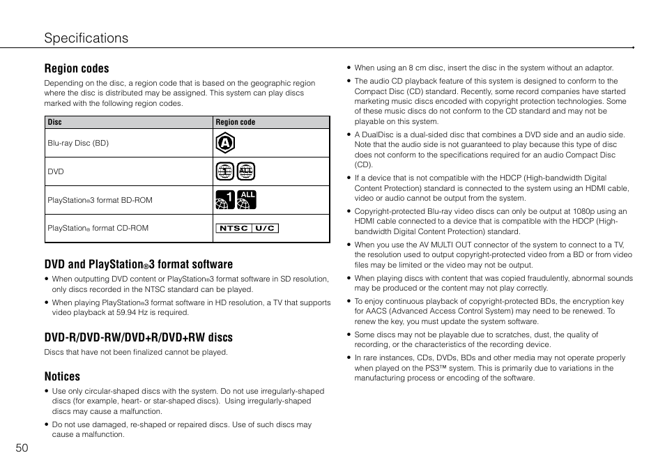 Specifications, Region codes, Dvd and playstation | 3 format software, Dvd-r/dvd-rw/dvd+r/dvd+rw discs, Notices | Sony 120-250GB Playstation 3 CECH-2101A User Manual | Page 50 / 120
