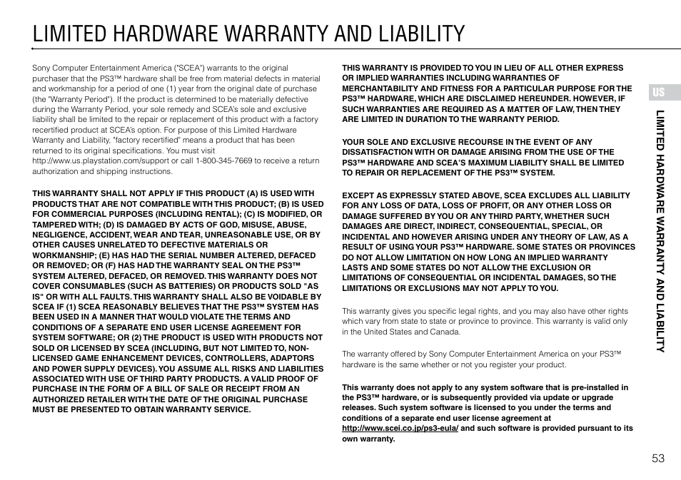 Limited hardware warranty and liability | Sony 120-250GB Playstation 3 CECH-2101A User Manual | Page 53 / 120
