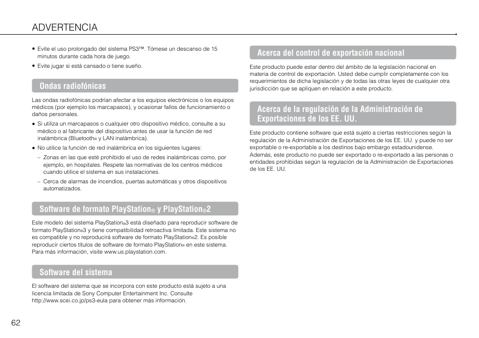 Advertencia, Ondas radiofónicas, Software de formato playstation | Y playstation, Software del sistema, Acerca del control de exportación nacional | Sony 120-250GB Playstation 3 CECH-2101A User Manual | Page 62 / 120