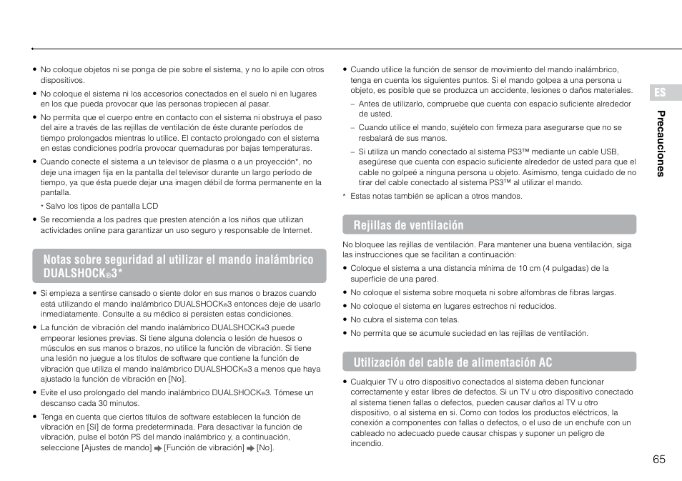 65 es, Rejillas de ventilación, Utilización del cable de alimentación ac | Sony 120-250GB Playstation 3 CECH-2101A User Manual | Page 65 / 120