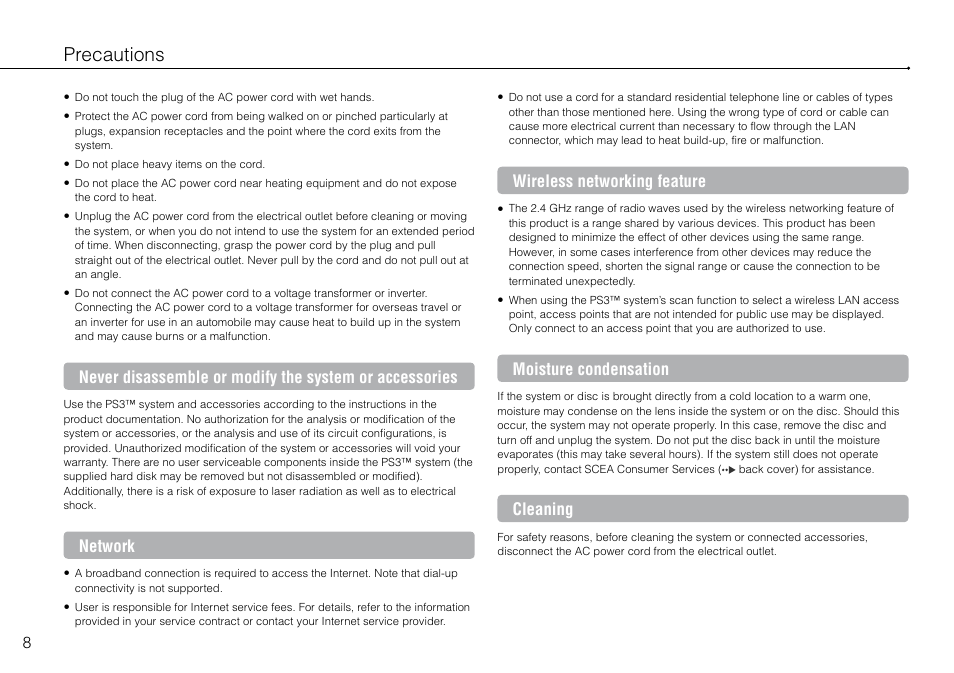 Precautions, Network, Wireless networking feature | Moisture condensation, Cleaning | Sony 120-250GB Playstation 3 CECH-2101A User Manual | Page 8 / 120