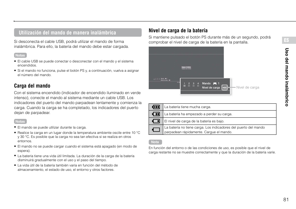 81 es, Utilización del mando de manera inalámbrica, Carga del mando | Nivel de carga de la batería | Sony 120-250GB Playstation 3 CECH-2101A User Manual | Page 81 / 120