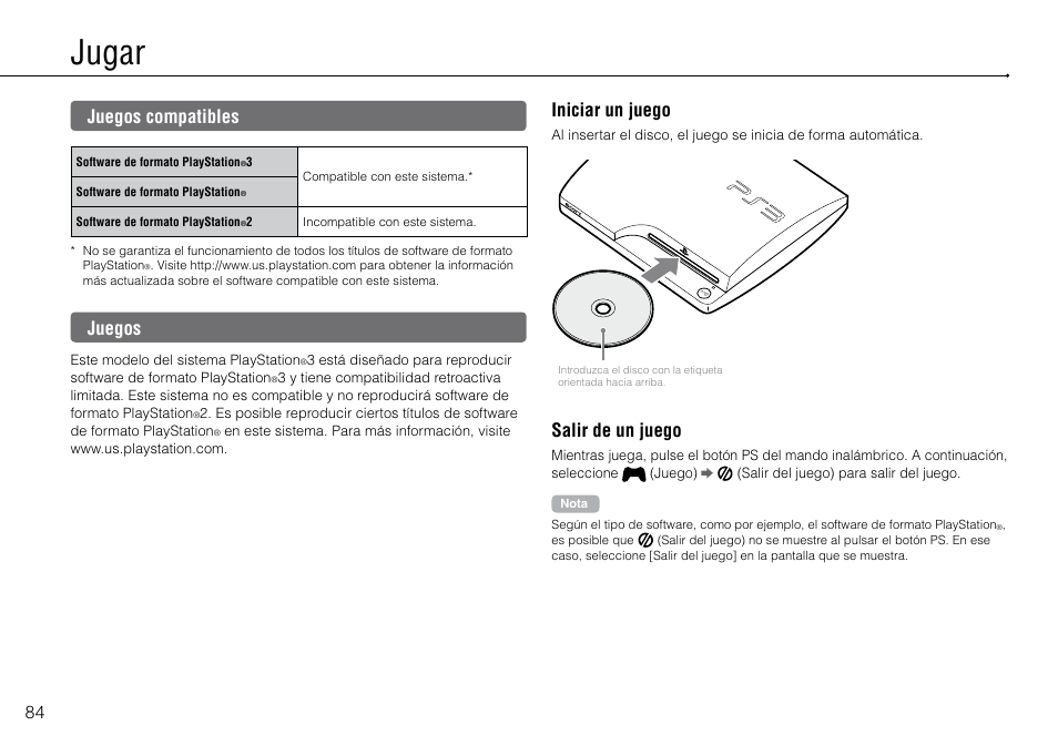 Jugar, Juegos.compatibles, Juegos | Juegos compatibles, Iniciar un juego, Salir de un juego | Sony 120-250GB Playstation 3 CECH-2101A User Manual | Page 84 / 120