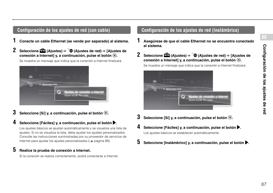 Configuración.de.los.ajustes.de.red.(con.cable), Configuración.de.los.ajustes.de.red.(inalámbrica) | Sony 120-250GB Playstation 3 CECH-2101A User Manual | Page 87 / 120