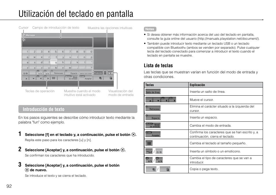 Utilización.del.teclado.en.pantalla, Utilización del teclado en pantalla, Introducción de texto | Lista de teclas | Sony 120-250GB Playstation 3 CECH-2101A User Manual | Page 92 / 120
