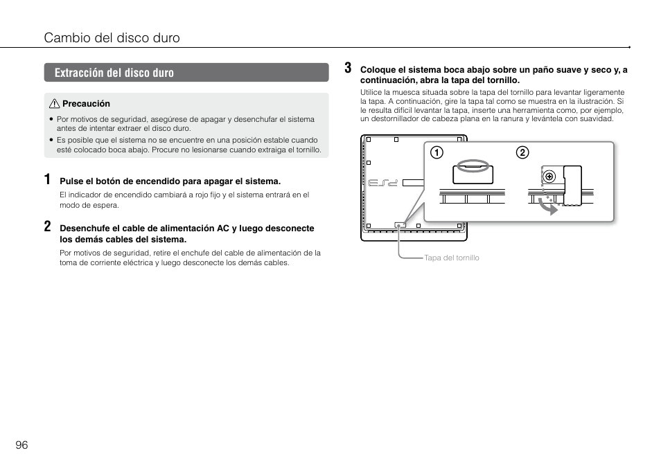 Extracción.del.disco.duro, Cambio del disco duro | Sony 120-250GB Playstation 3 CECH-2101A User Manual | Page 96 / 120