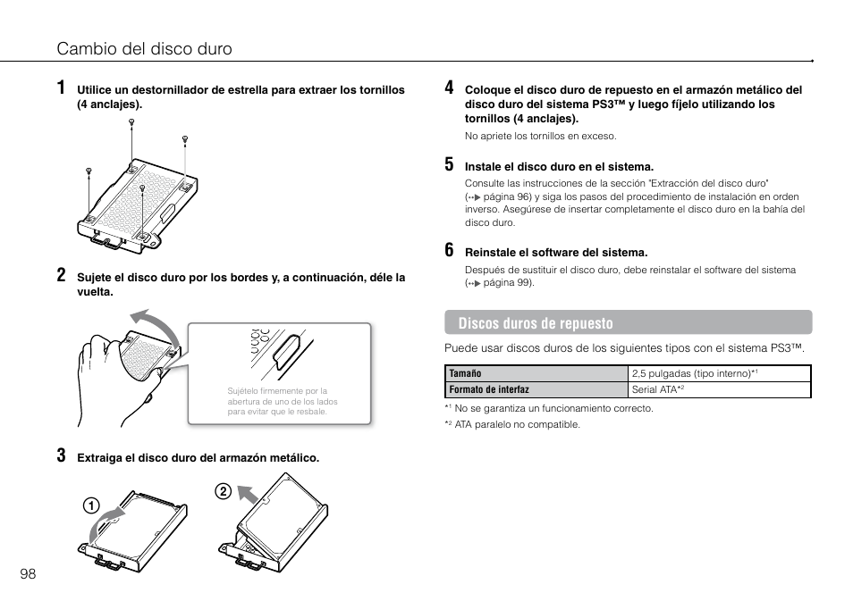 Cambio del disco duro | Sony 120-250GB Playstation 3 CECH-2101A User Manual | Page 98 / 120