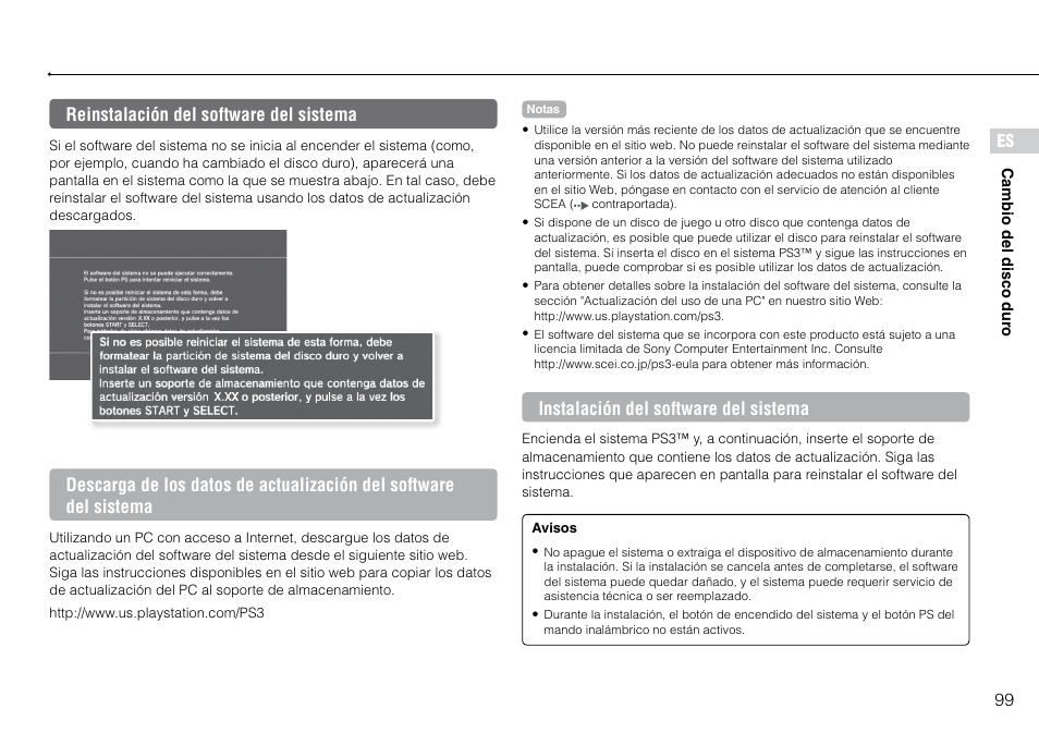 Reinstalación.del.software.del.sistema, 99 es, Reinstalación del software del sistema | Instalación del software del sistema | Sony 120-250GB Playstation 3 CECH-2101A User Manual | Page 99 / 120