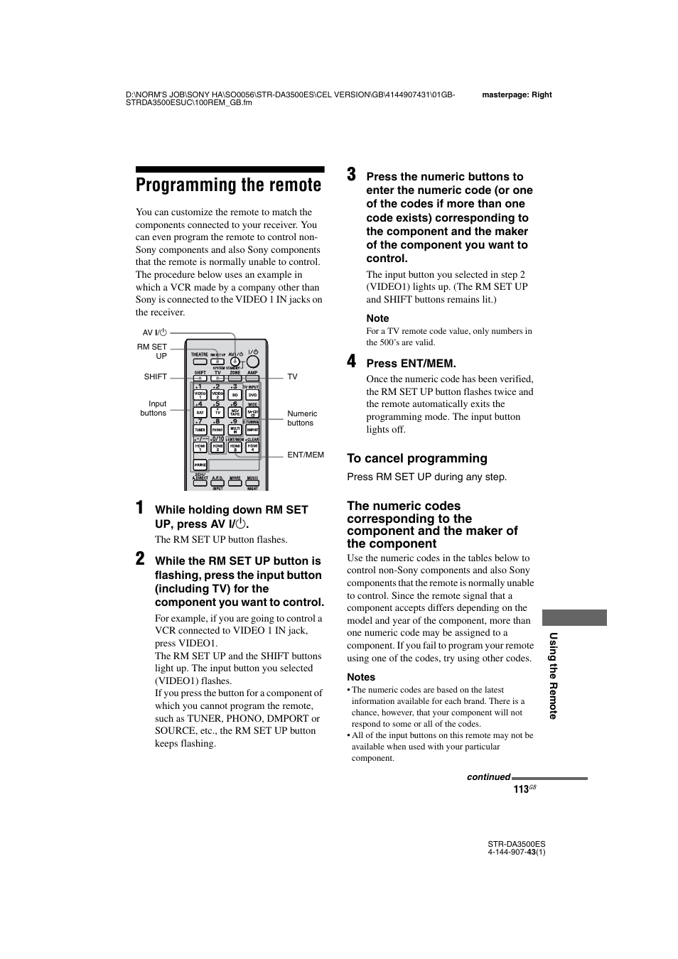 Programming the remote | Sony 4-144-907-43(1) User Manual | Page 113 / 136
