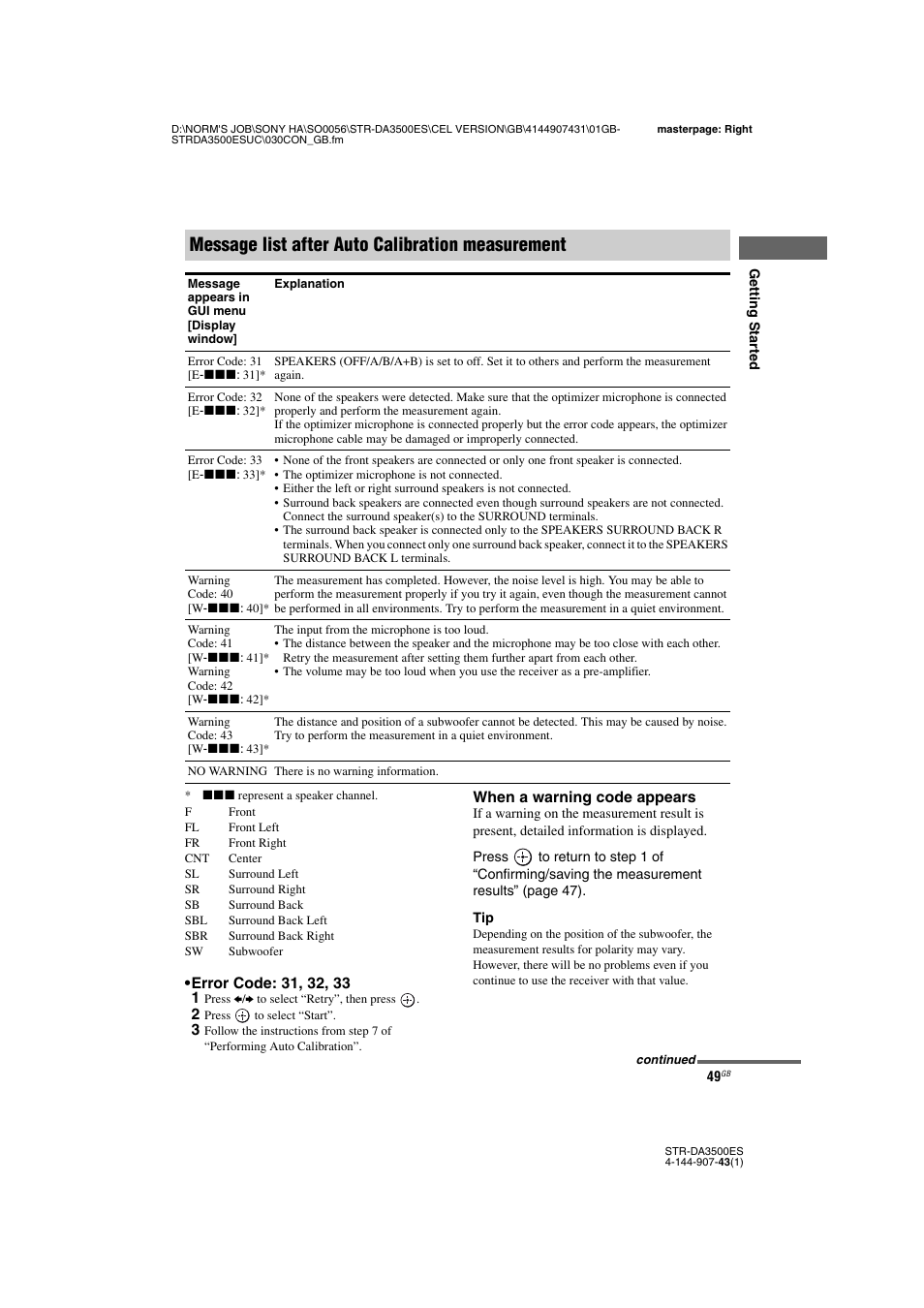 Message list after auto calibration measurement | Sony 4-144-907-43(1) User Manual | Page 49 / 136