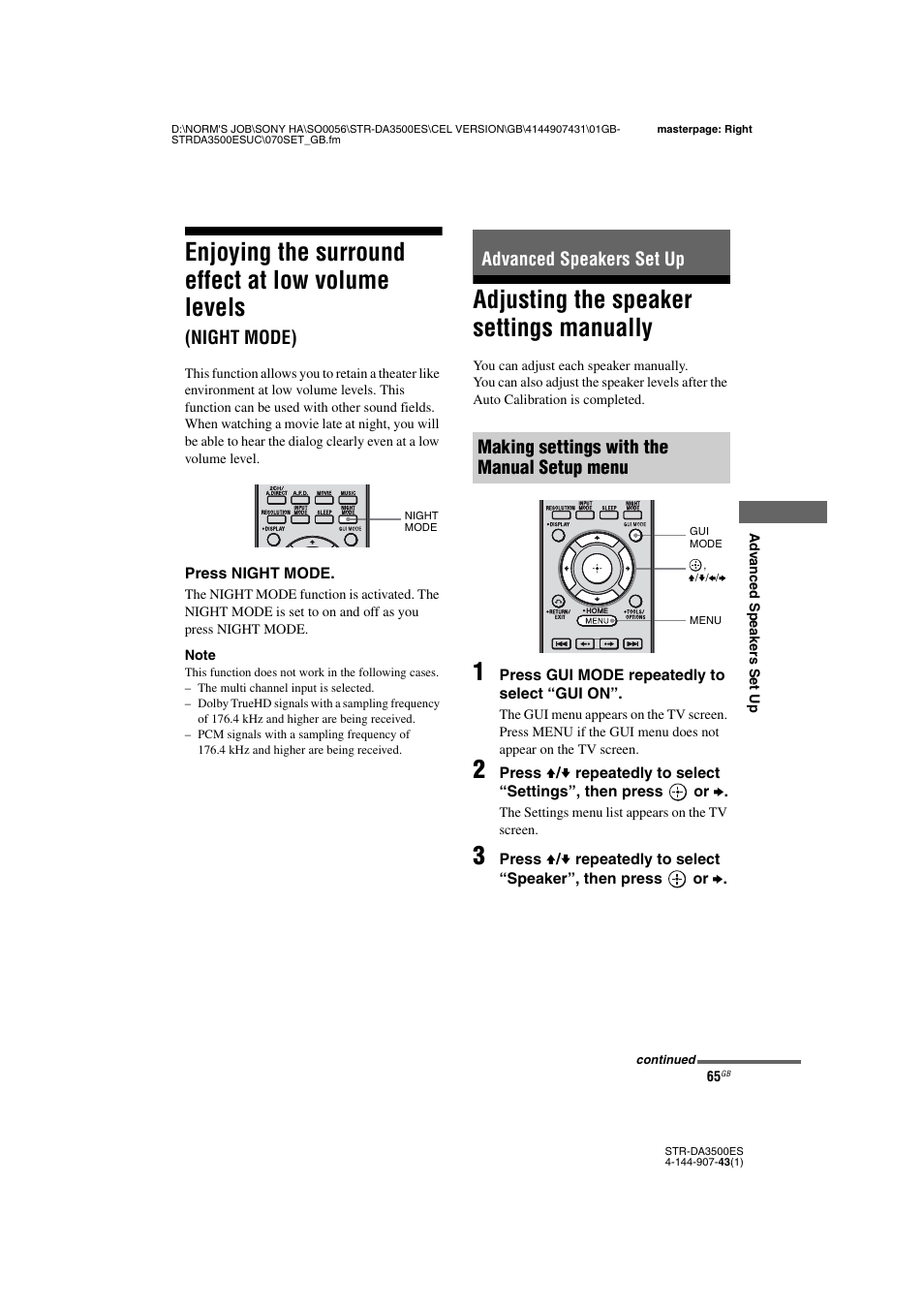 Advanced speakers set up, Adjusting the speaker settings manually, Enjoying the surround effect at low volume | Levels (night mode), Enjoying the surround effect at low volume levels, Night mode) | Sony 4-144-907-43(1) User Manual | Page 65 / 136