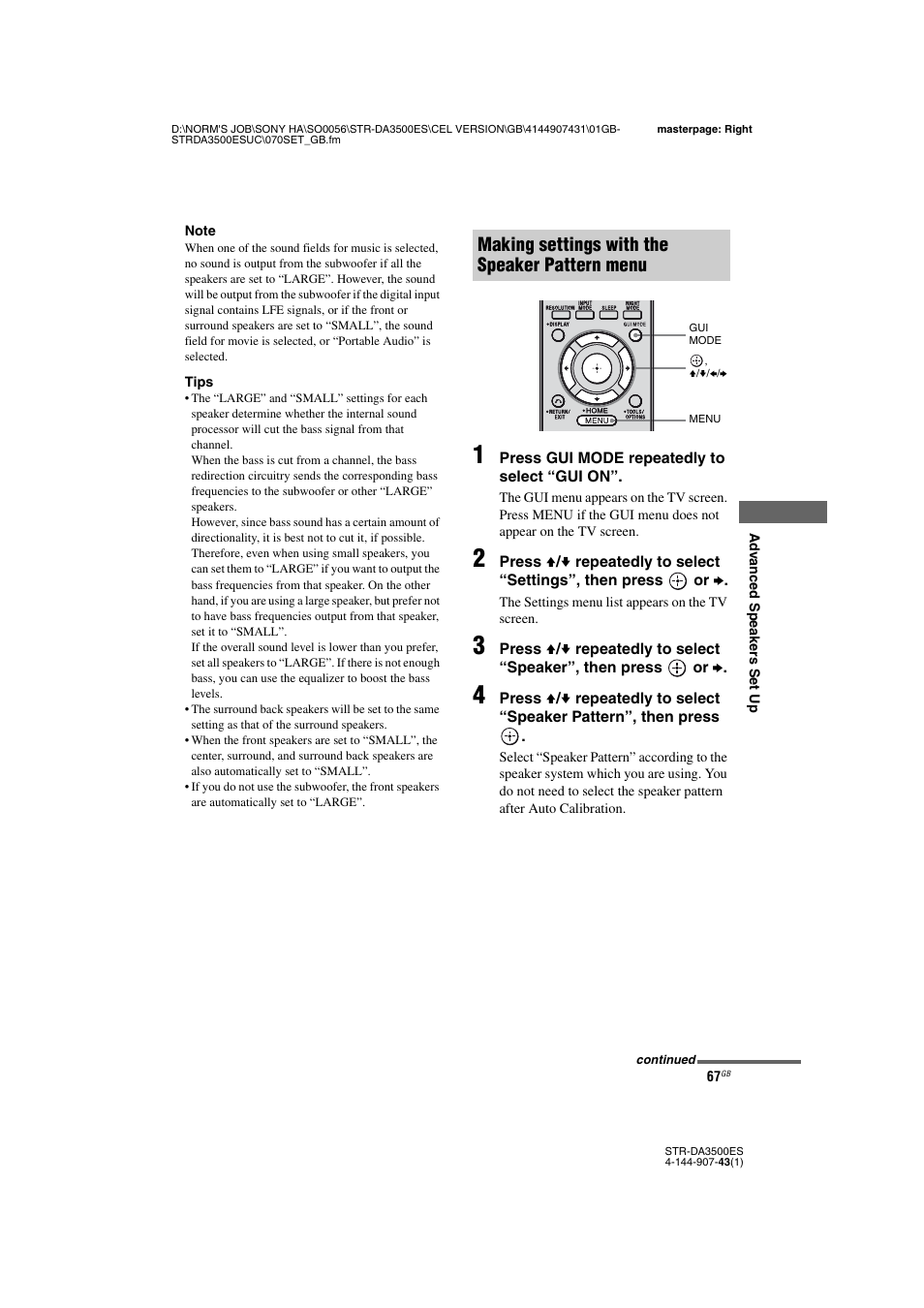 Making settings with the speaker pattern menu | Sony 4-144-907-43(1) User Manual | Page 67 / 136