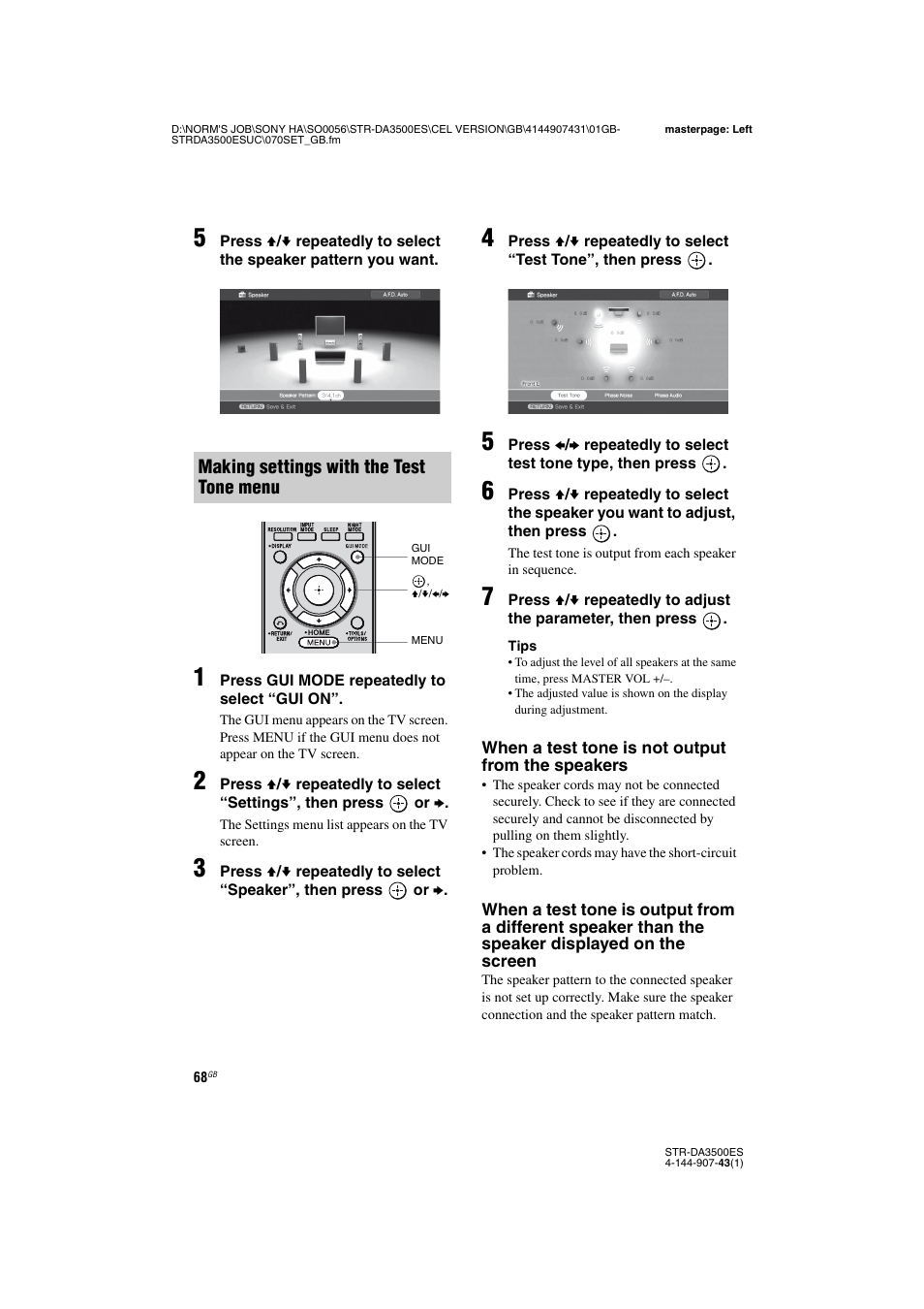 Making settings with the test tone menu | Sony 4-144-907-43(1) User Manual | Page 68 / 136