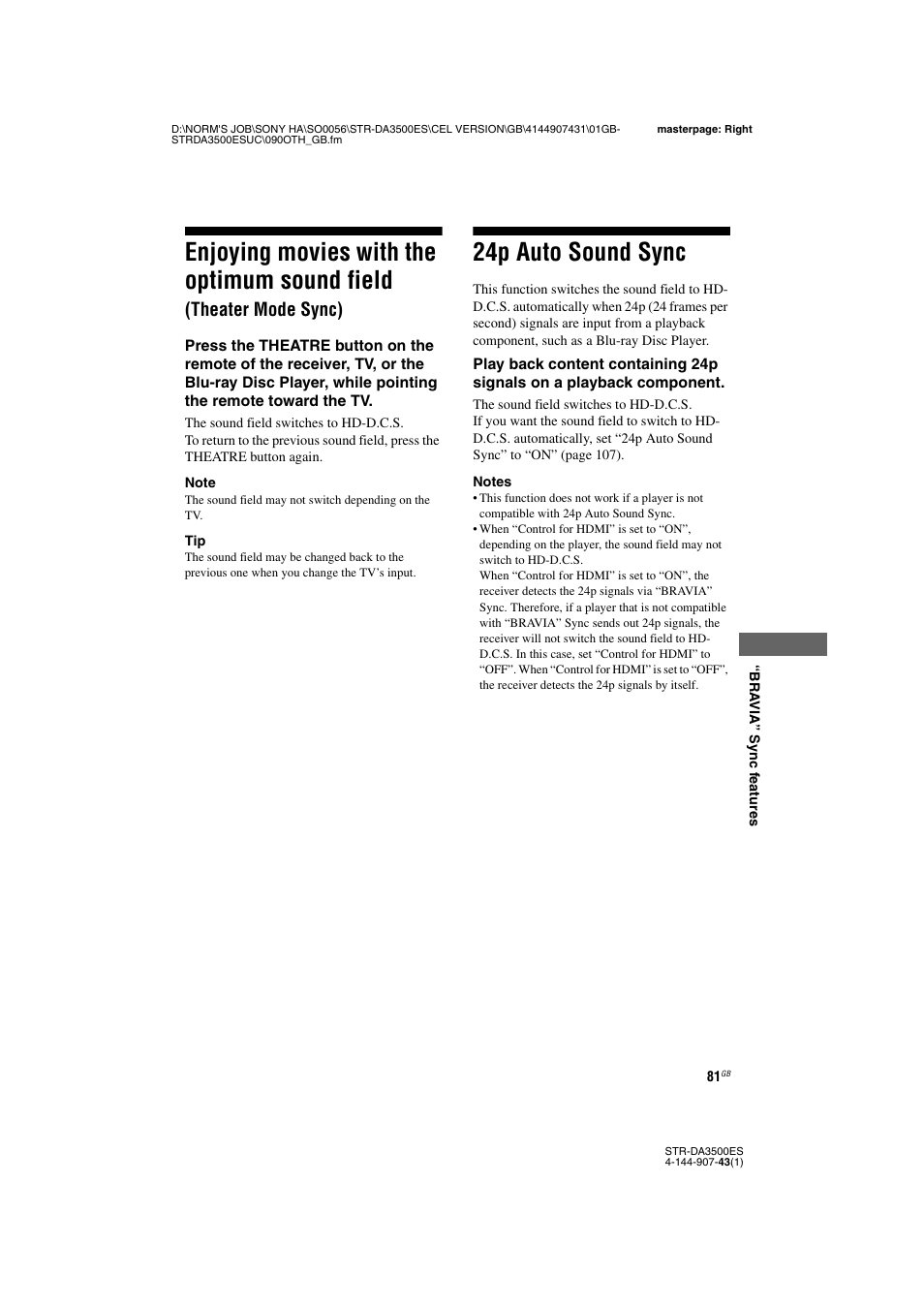 24p auto sound sync, Enjoying movies with the optimum sound, Field (theater mode sync) | Enjoying movies with the optimum sound field, Theater mode sync) | Sony 4-144-907-43(1) User Manual | Page 81 / 136