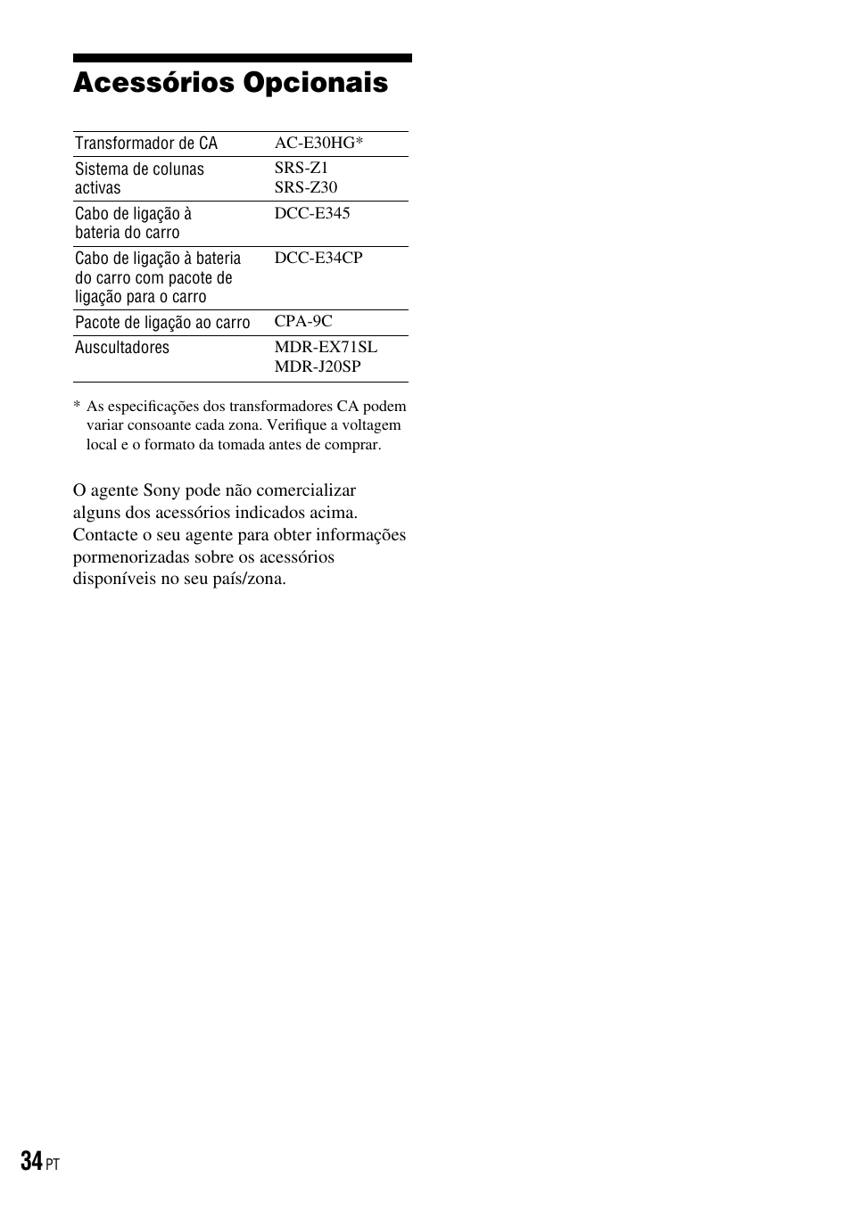 Acessórios opcionais | Sony D-NE520 User Manual | Page 102 / 103