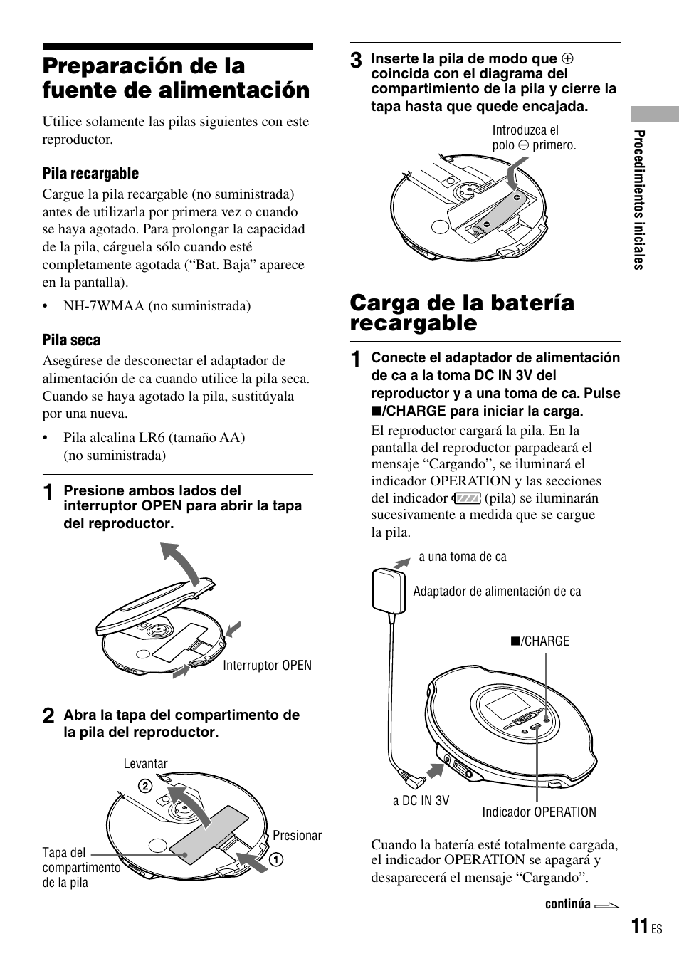 Preparación de la fuente de alimentación, Carga de la batería recargable, Preparación de la fuente de | Alimentación, Carga de la batería recargable 1 | Sony D-NE520 User Manual | Page 45 / 103