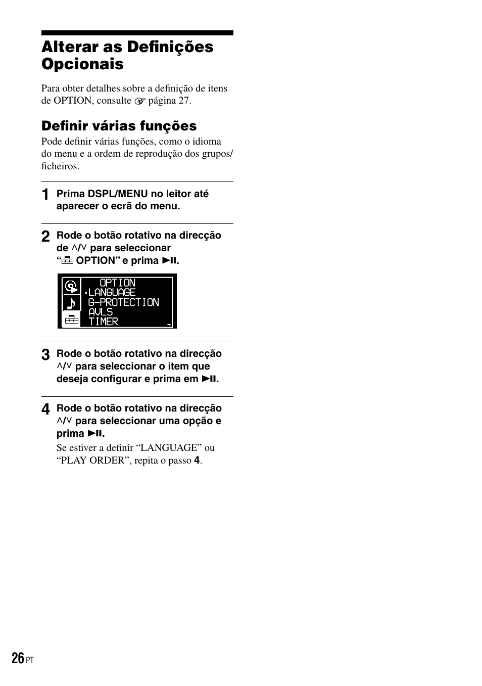 Alterar as definições opcionais, Definir várias funções, Alterar as deﬁnições opcionais | Deﬁnir várias funções | Sony D-NE520 User Manual | Page 94 / 103