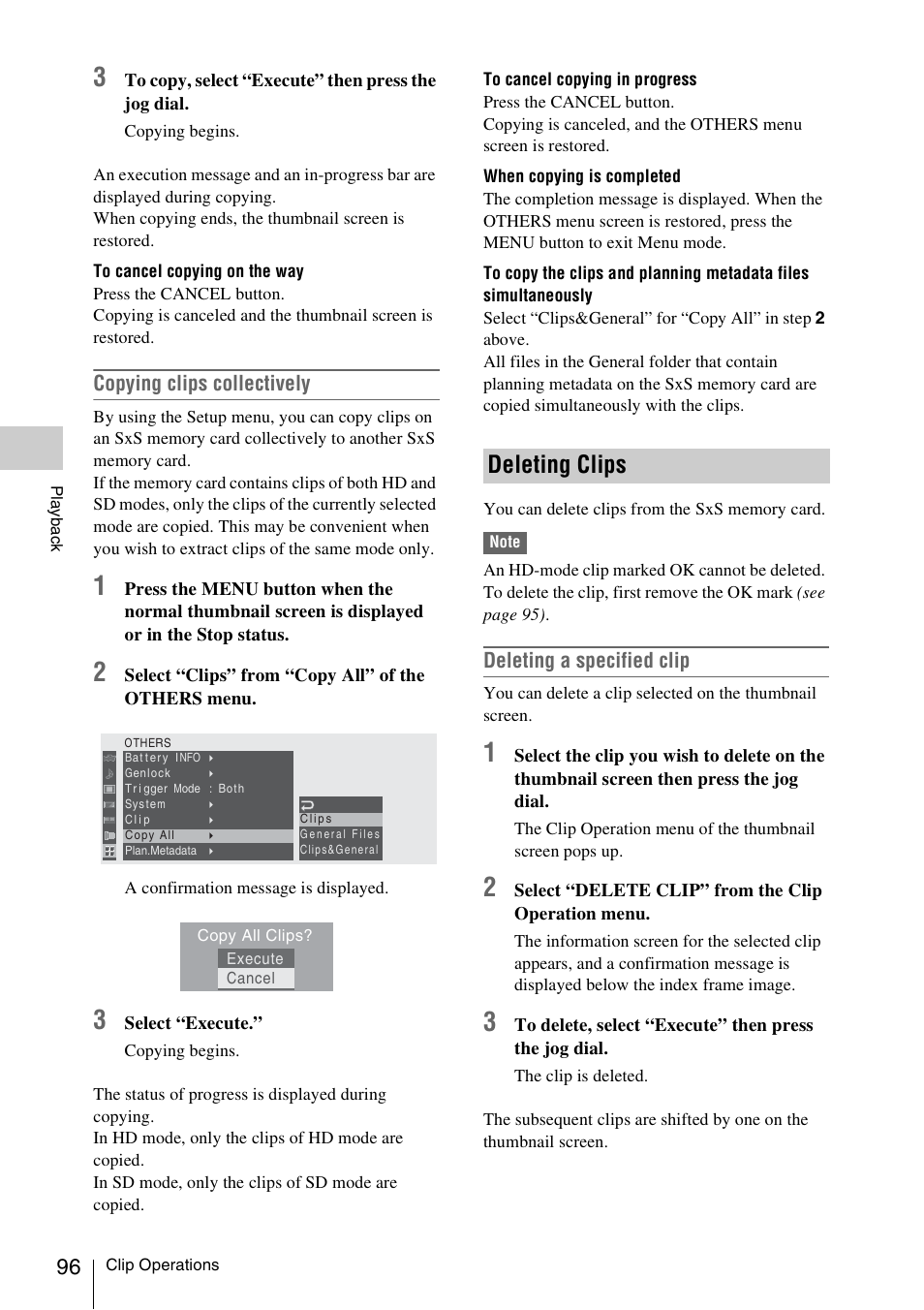 Deleting clips, Copying clips collectively, Deleting a specified clip | Sony PMW-F3K User Manual | Page 96 / 164