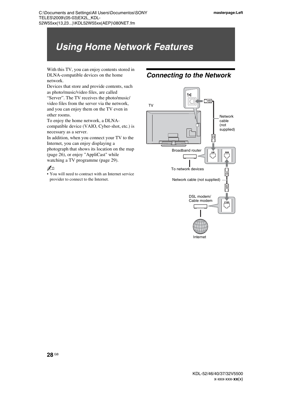 Using home network features, Connecting to the network | Sony BRAVIA KDL-32E55xx User Manual | Page 28 / 55