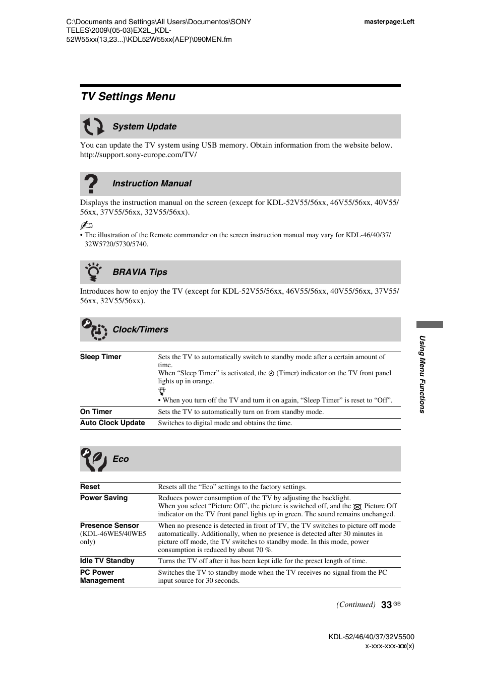 Tv settings menu, System update, Instruction manual | Bravia tips, Clock/timers | Sony BRAVIA KDL-32E55xx User Manual | Page 33 / 55