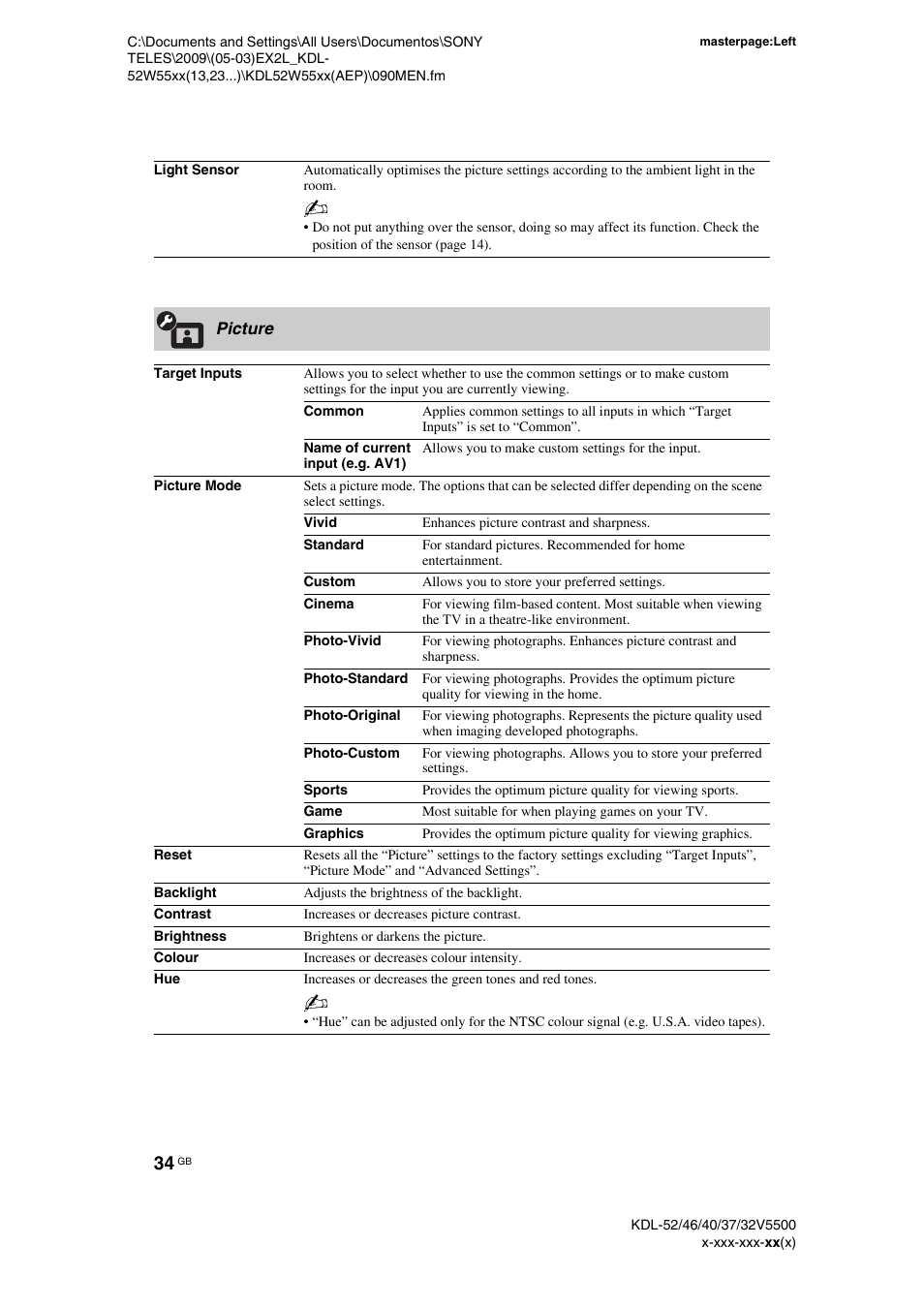 Picture | Sony BRAVIA KDL-32E55xx User Manual | Page 34 / 55