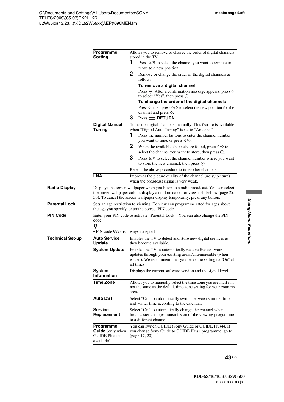 3 press return | Sony BRAVIA KDL-32E55xx User Manual | Page 43 / 55