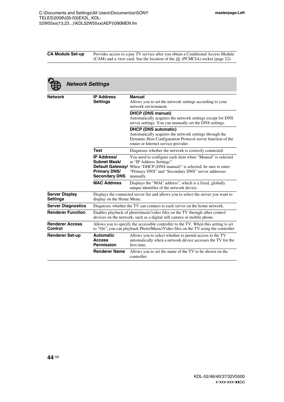Network settings | Sony BRAVIA KDL-32E55xx User Manual | Page 44 / 55