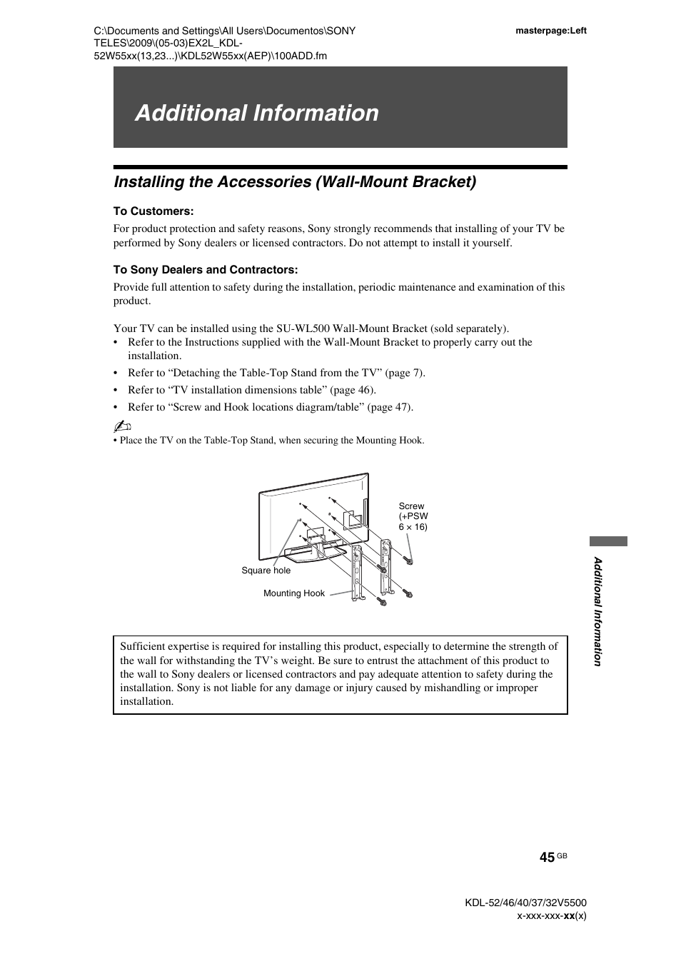 Additional information, Installing the accessories (wall-mount bracket), To customers | To sony dealers and contractors | Sony BRAVIA KDL-32E55xx User Manual | Page 45 / 55