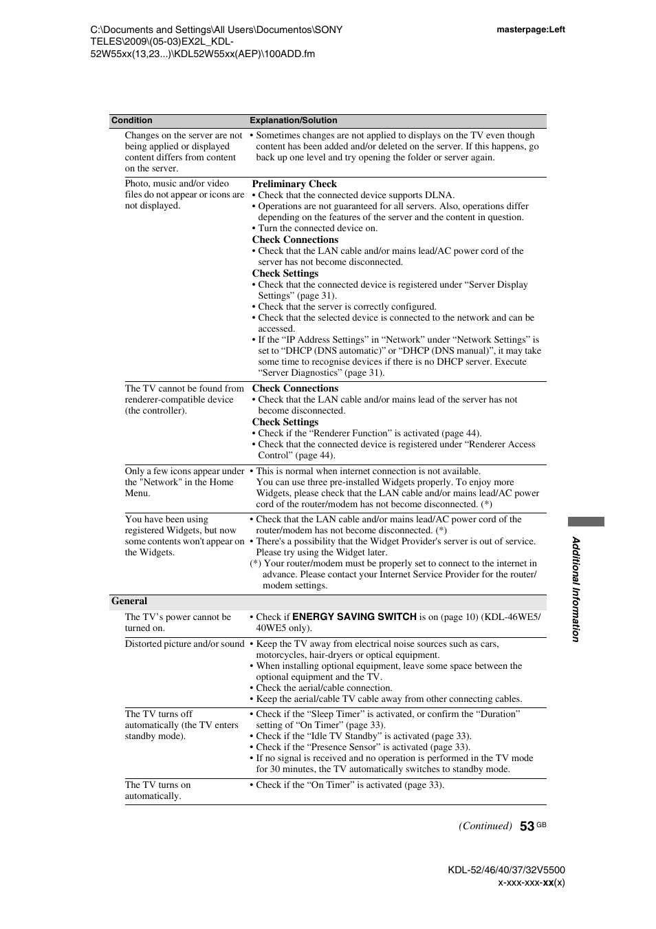 Sony BRAVIA KDL-32E55xx User Manual | Page 53 / 55