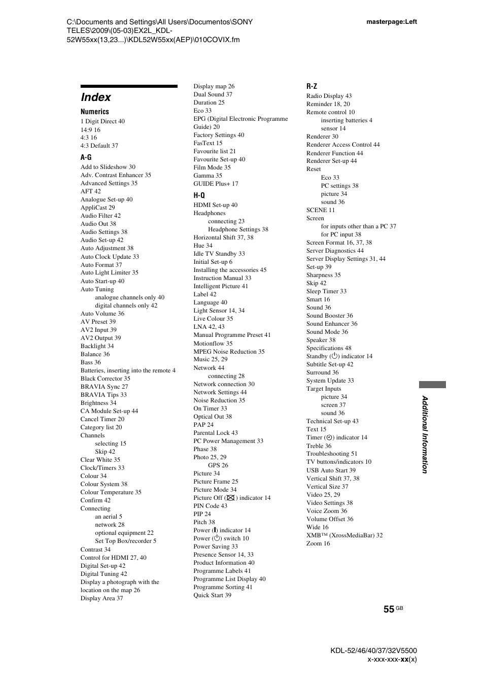 Index | Sony BRAVIA KDL-32E55xx User Manual | Page 55 / 55