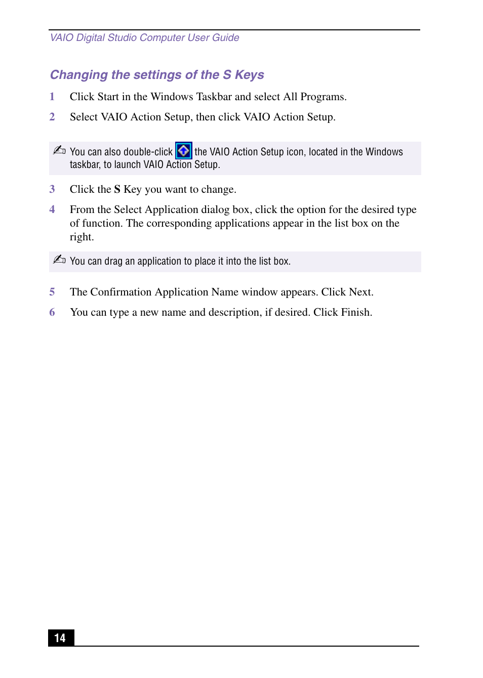 Changing the settings of the s keys | Sony VAIO Digital Studio User Manual | Page 14 / 93