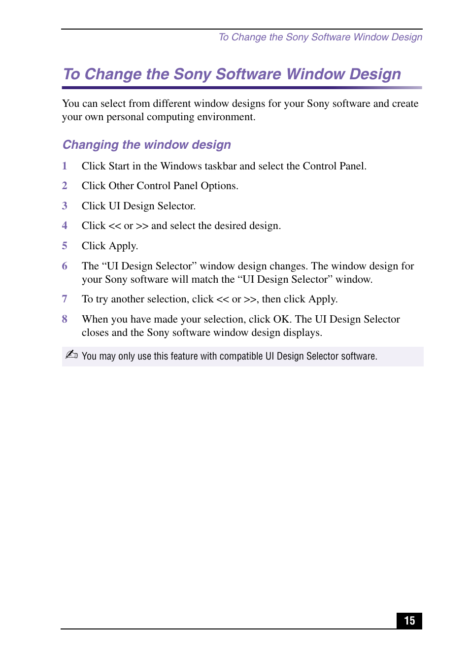 To change the sony software window design, Changing the window design | Sony VAIO Digital Studio User Manual | Page 15 / 93