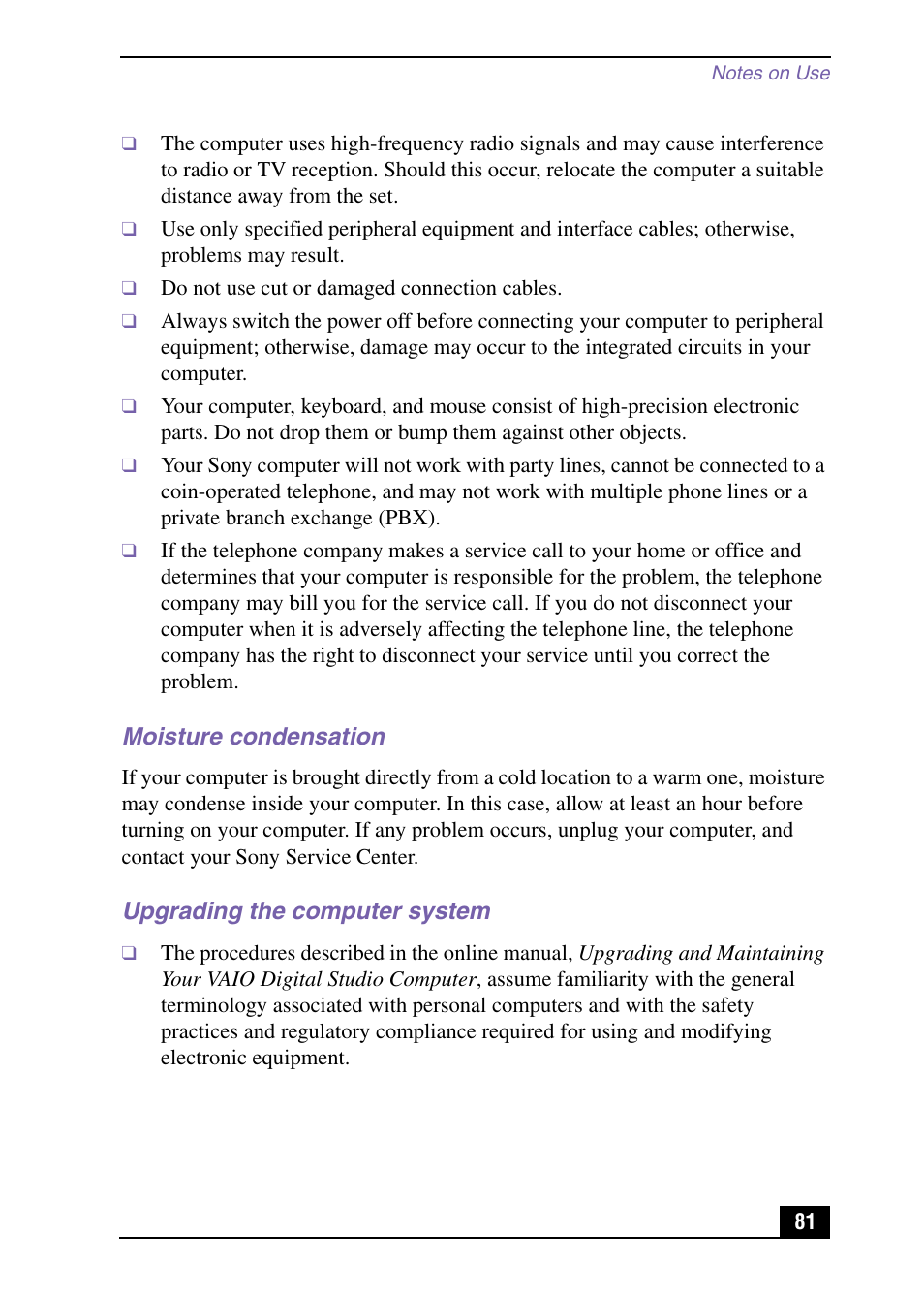 Moisture condensation, Upgrading the computer system | Sony VAIO Digital Studio User Manual | Page 81 / 93