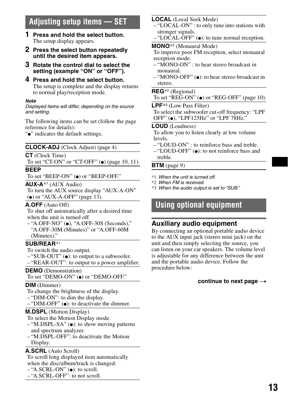 Adjusting setup items - set, Using optional equipment, Auxiliary audio equipment | Adjusting setup items — set | Sony CDX-GT424U User Manual | Page 13 / 112