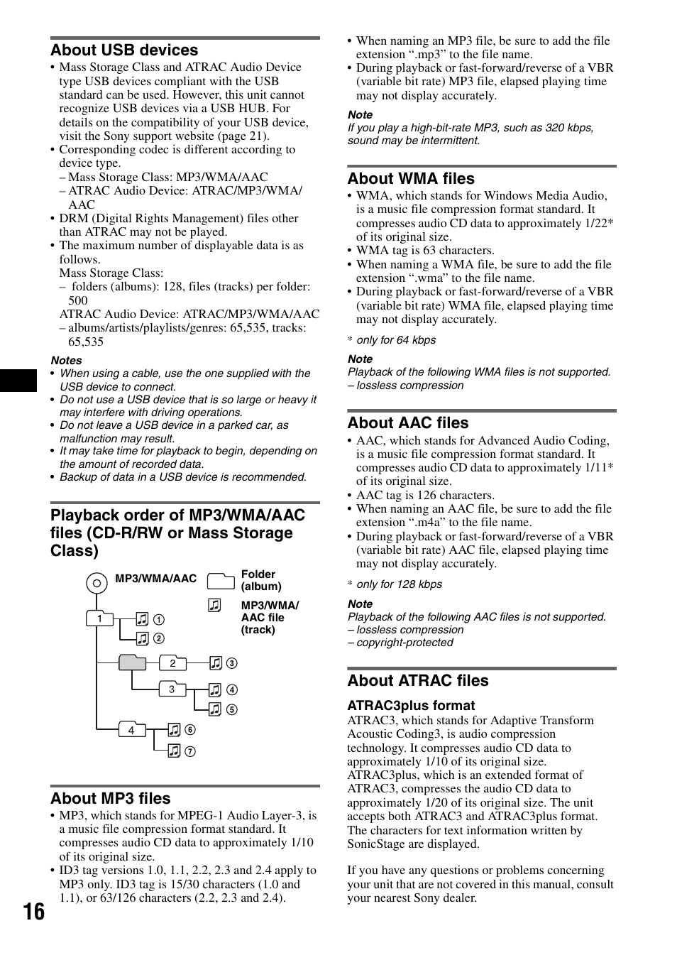 About usb devices, About mp3 files, About wma files | About aac files, About atrac files | Sony CDX-GT424U User Manual | Page 16 / 112