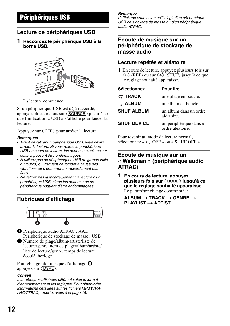 Périphériques usb, Lecture de périphériques usb, Rubriques d’affichage | Sony CDX-GT424U User Manual | Page 54 / 112