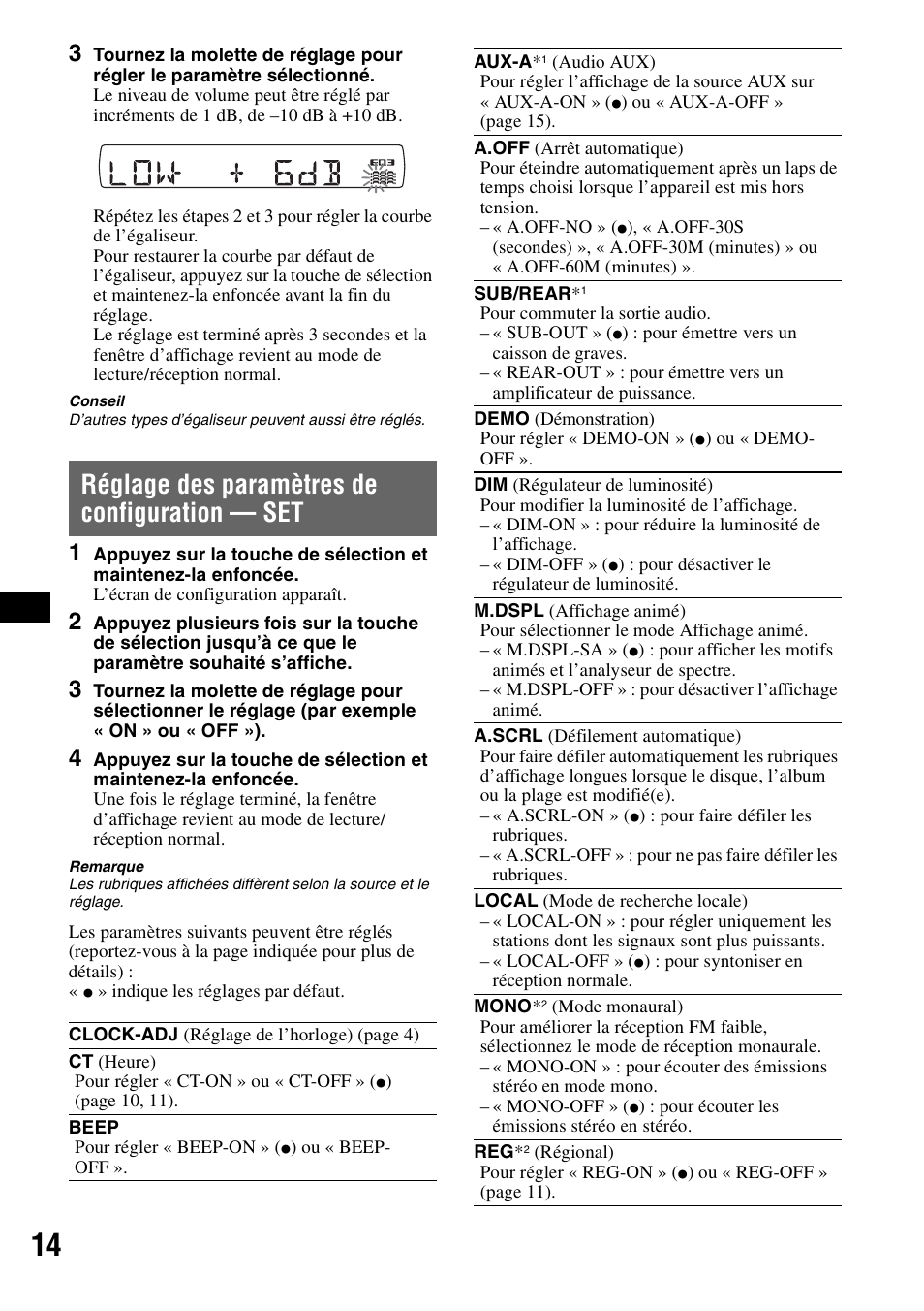 Réglage des paramètres de configuration - set, Réglage des paramètres de configuration — set | Sony CDX-GT424U User Manual | Page 56 / 112