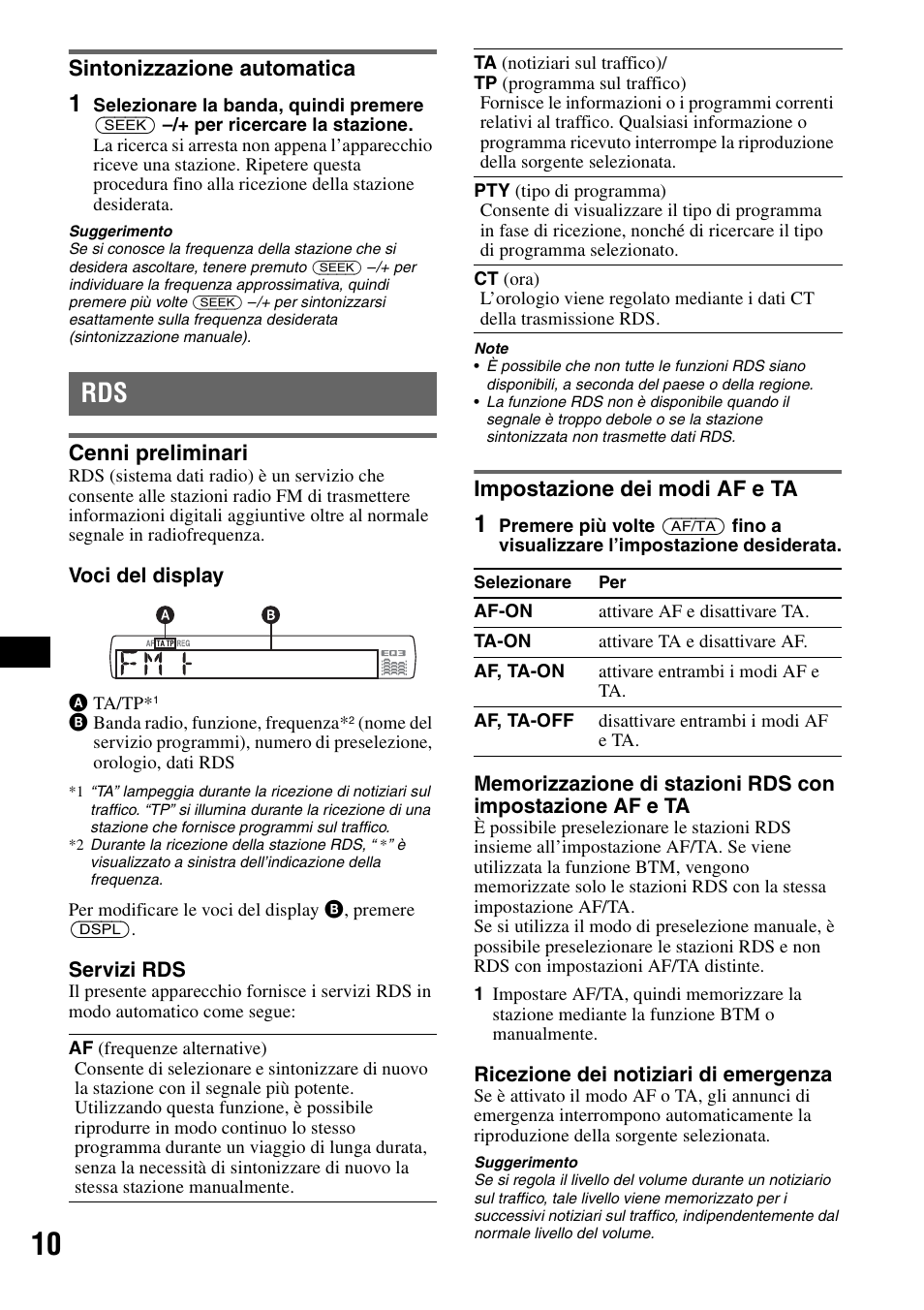 Sintonizzazione automatica, Cenni preliminari, Impostazione dei modi af e ta | Cenni preliminari impostazione dei modi af e ta | Sony CDX-GT424U User Manual | Page 74 / 112