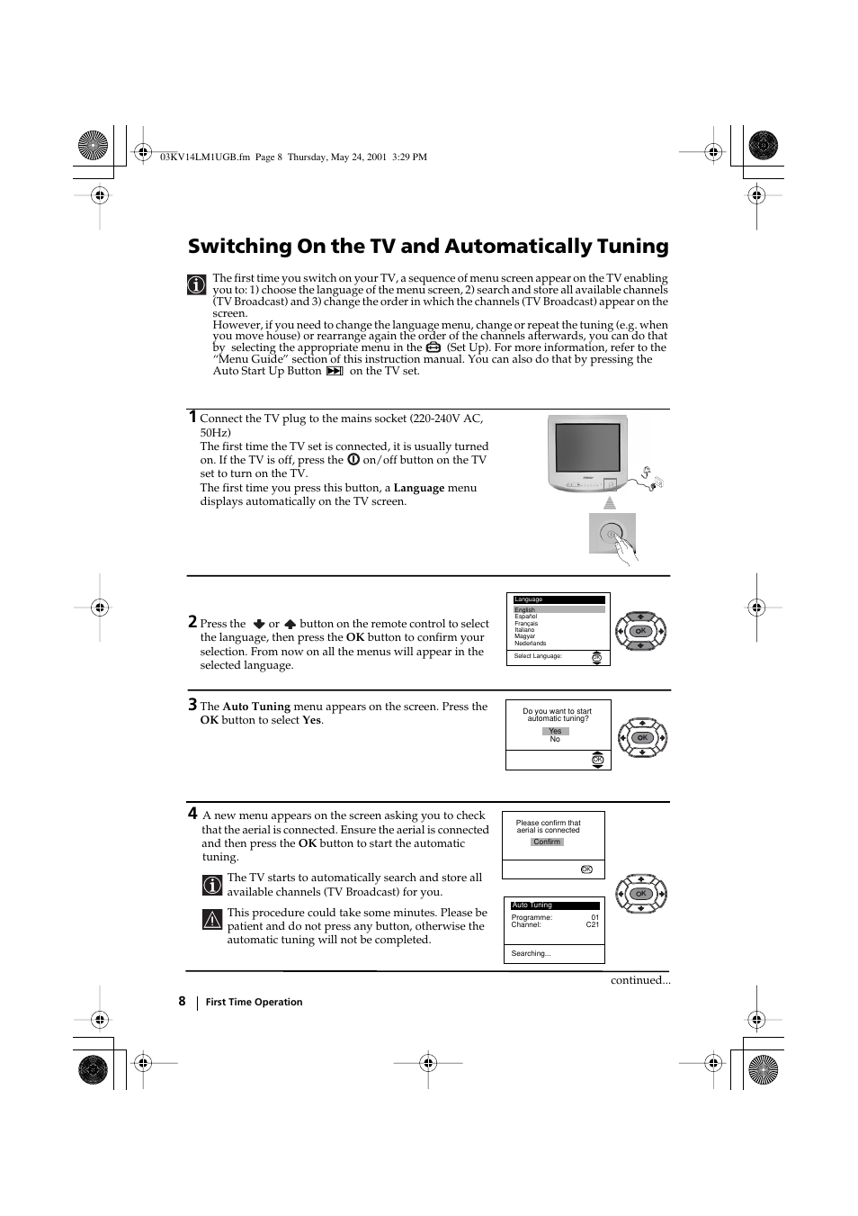 Switching on the tv and automatically tuning | Sony KV-14LM1U User Manual | Page 8 / 20