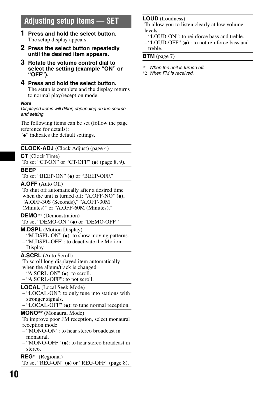 Adjusting setup items - set, Adjusting setup items — set | Sony CDX-GT20 User Manual | Page 10 / 80
