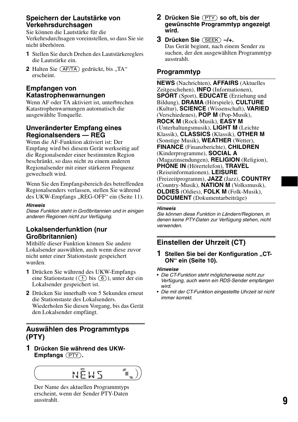 Auswählen des programmtyps (pty), Einstellen der uhrzeit (ct) | Sony CDX-GT20 User Manual | Page 23 / 80
