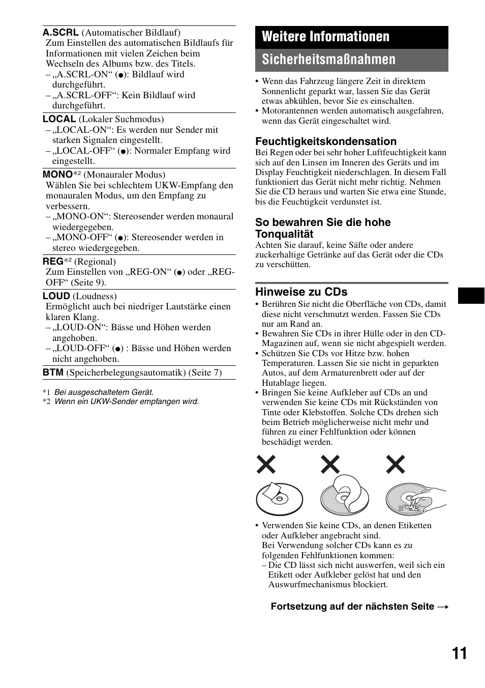 Weitere informationen, Sicherheitsmaßnahmen, Hinweise zu cds | Weitere informationen sicherheitsmaßnahmen | Sony CDX-GT20 User Manual | Page 25 / 80