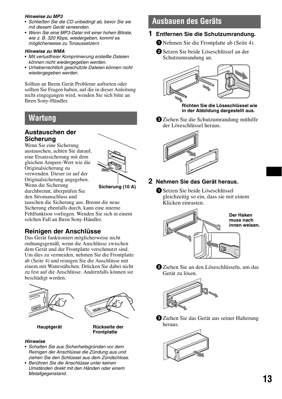 Wartung, Ausbauen des geräts, Wartung ausbauen des geräts | Sony CDX-GT20 User Manual | Page 27 / 80