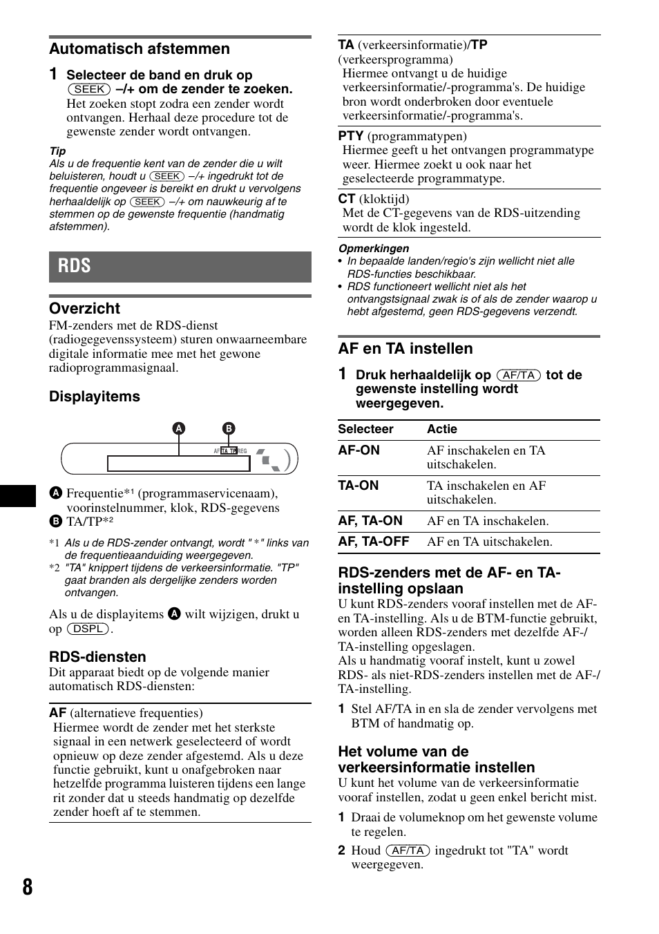 Automatisch afstemmen, Overzicht, Af en ta instellen | Overzicht af en ta instellen | Sony CDX-GT20 User Manual | Page 70 / 80