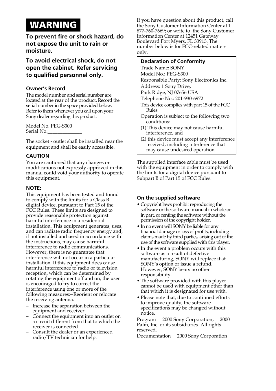 Warning | Sony PEG-S300 User Manual | Page 2 / 192