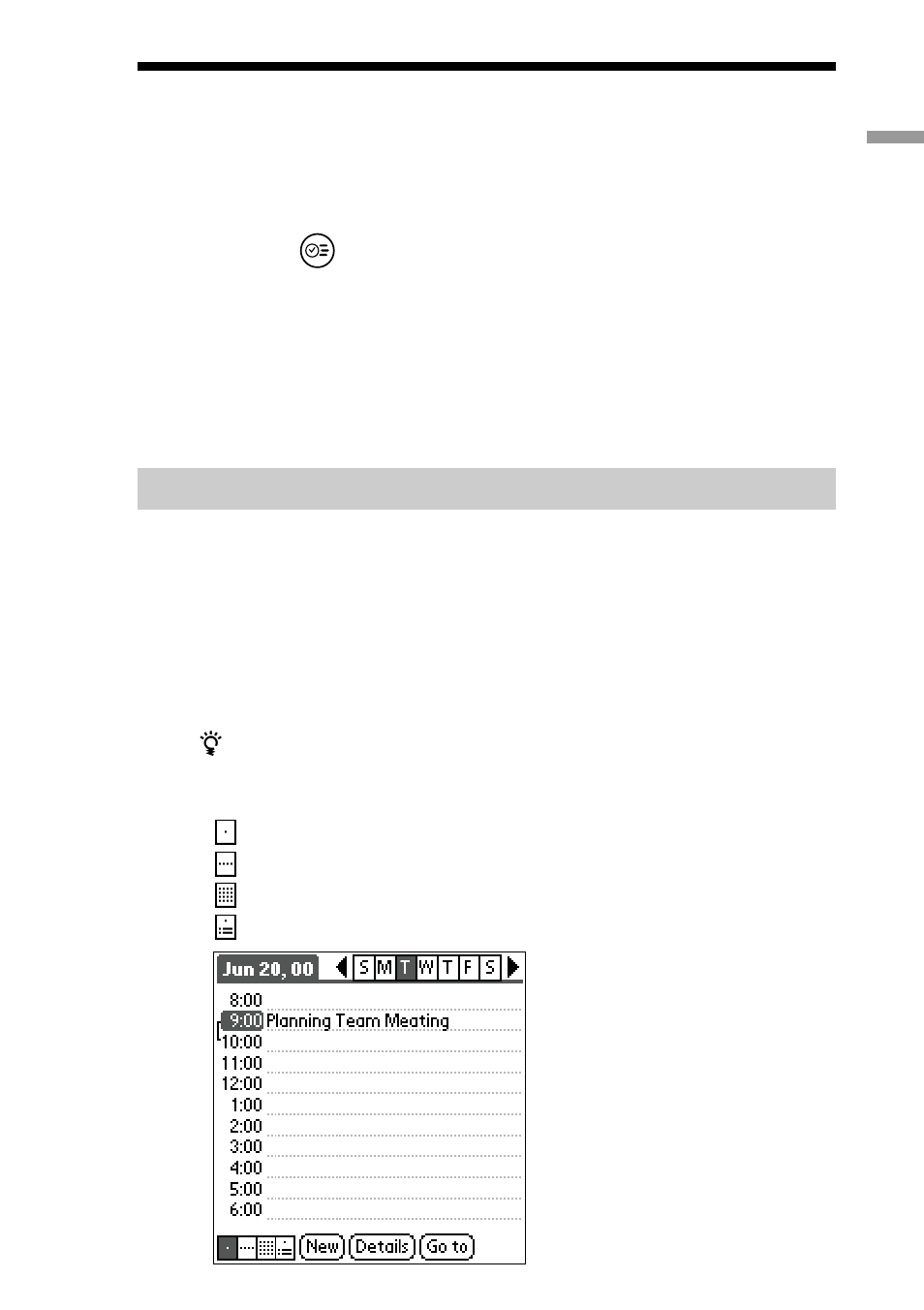 Changing the date book view, To display the date book views | Sony PEG-S300 User Manual | Page 33 / 192
