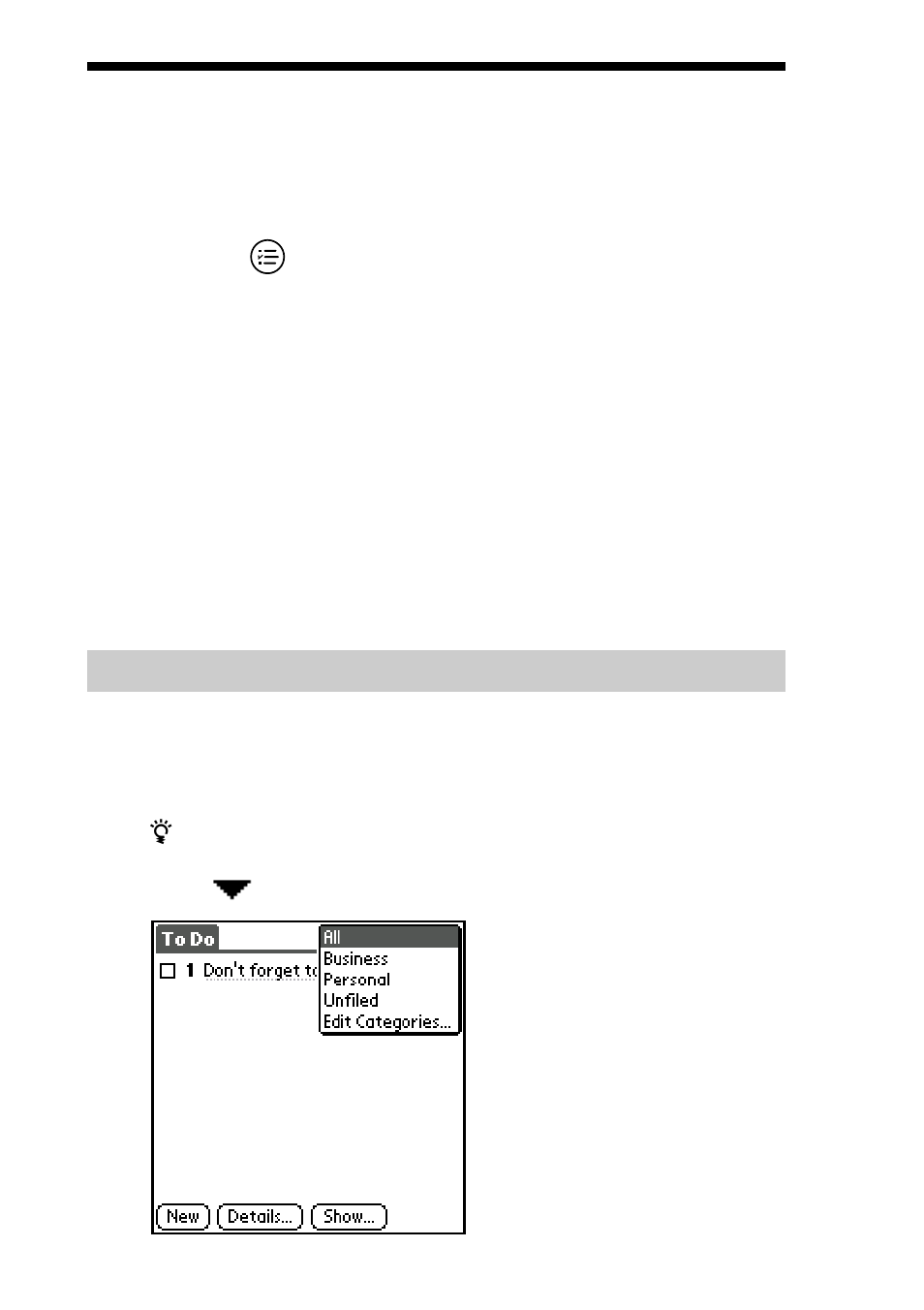 Viewing to do list items, Changing the to do list display by category | Sony PEG-S300 User Manual | Page 70 / 192