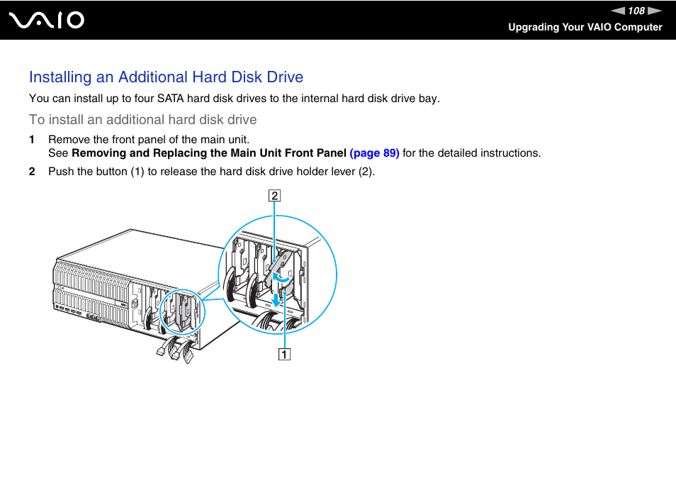 Installing an additional hard disk drive | Sony VGC-RM1 User Manual | Page 108 / 170
